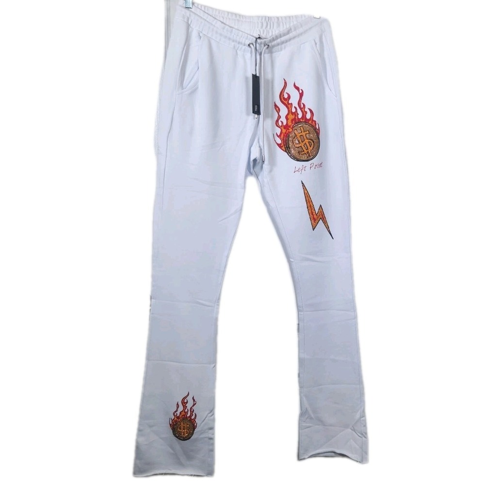 Left Point Rhinestone Sweatpants $ Skull‎ Butterfly White Size Medium